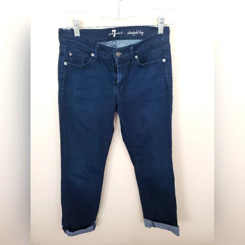 Seven for all mankind Dark Blue  straight leg with fold navy stripe detail cuff.